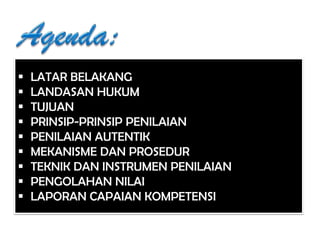  LATAR BELAKANG
 LANDASAN HUKUM
 TUJUAN
 PRINSIP-PRINSIP PENILAIAN
 PENILAIAN AUTENTIK
 MEKANISME DAN PROSEDUR
 TEKNIK DAN INSTRUMEN PENILAIAN
 PENGOLAHAN NILAI
 LAPORAN CAPAIAN KOMPETENSI
 