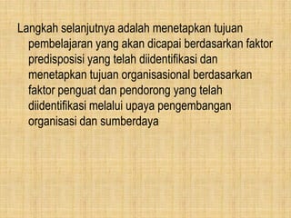 Langkah selanjutnya adalah menetapkan tujuan
pembelajaran yang akan dicapai berdasarkan faktor
predisposisi yang telah diidentifikasi dan
menetapkan tujuan organisasional berdasarkan
faktor penguat dan pendorong yang telah
diidentifikasi melalui upaya pengembangan
organisasi dan sumberdaya
 