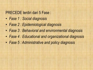 PRECEDE terdiri dari 5 Fase :
• Fase 1 : Social diagnosis
• Fase 2 : Epidemiological diagnosis
• Fase 3 : Behavioral and environmental diagnosis
• Fase 4 : Educational and organizational diagnosis
• Fase 5 : Administrative and policy diagnosis
 