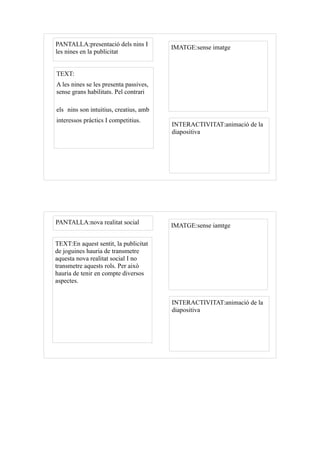 PANTALLA:presentació dels nins I        IMATGE:sense imatge
les nines en la publicitat


TEXT:
A les nines se les presenta passives,
sense grans habilitats. Pel contrari

els nins son intuitius, creatius, amb
interessos pràctics I competitius.
                                        INTERACTIVITAT:animació de la
                                        diapositiva




PANTALLA:nova realitat social           IMATGE:sense iamtge

TEXT:En aquest sentit, la publicitat
de joguines hauria de transmetre
aquesta nova realitat social I no
transmetre aquests rols. Per això
hauria de tenir en compte diversos
aspectes.


                                        INTERACTIVITAT:animació de la
                                        diapositiva
 
