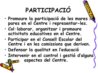 PARTICIPACIÓ
• Promoure la participació de les mares i
  pares en el Centre i representar-les.
• Col·laborar, organitzar i promoure
  activitats educatives en el Centre.
• Participar en el Consell Escolar del
  Centre i en les comissions que deriven.
• Defensar la qualitat en l’educació
• Intervenir en el control i gestió d’alguns
          aspectes del Centre.
 