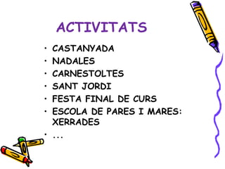 ACTIVITATS
• CASTANYADA
• NADALES
• CARNESTOLTES
• SANT JORDI
• FESTA FINAL DE CURS
• ESCOLA DE PARES I MARES:
  XERRADES
• ...
 