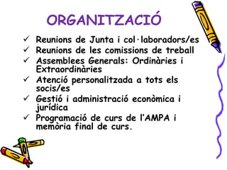 ORGANITZACIÓ
 Reunions de Junta i col·laboradors/es
 Reunions de les comissions de treball
 Assemblees Generals: Ordinàries i
  Extraordinàries
 Atenció personalitzada a tots els
  socis/es
 Gestió i administració econòmica i
  jurídica
 Programació de curs de l’AMPA i
  memòria final de curs.
 