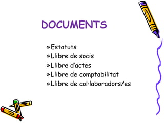 DOCUMENTS

»Estatuts
»Llibre de socis
»Llibre d’actes
»Llibre de comptabilitat
»Llibre de col·laboradors/es
 