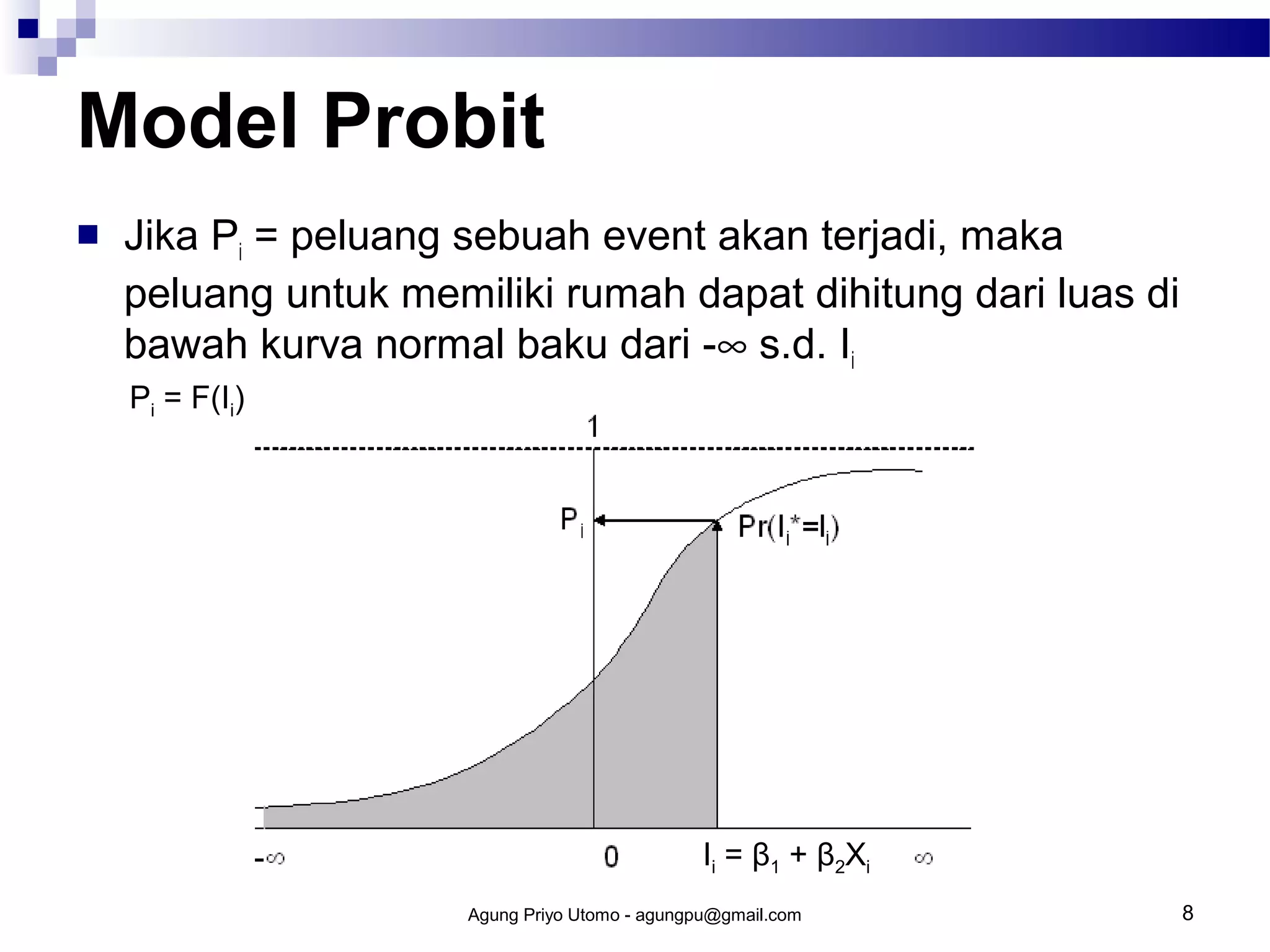 Model Probit


Jika Pi = peluang sebuah event akan terjadi, maka
peluang untuk memiliki rumah dapat dihitung dari luas di
bawah kurva normal baku dari -∞ s.d. Ii
Pi = F(Ii)

Ii = β1 + β2Xi
Agung Priyo Utomo - agungpu@gmail.com

8

 