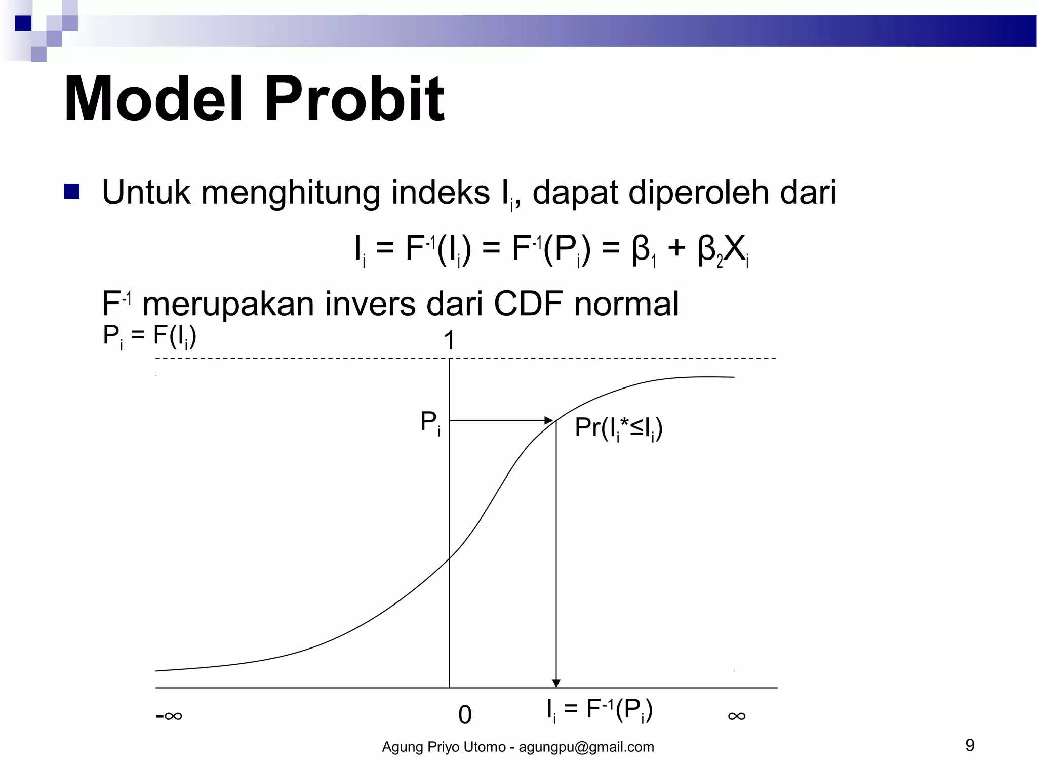 Model Probit


Untuk menghitung indeks Ii, dapat diperoleh dari
Ii = F-1(Ii) = F-1(Pi) = β1 + β2Xi
F-1 merupakan invers dari CDF normal
Pi = F(Ii)

1
Pi

-∞

Pr(Ii*≤Ii)

0

Ii = F-1(Pi)

Agung Priyo Utomo - agungpu@gmail.com

∞
9

 