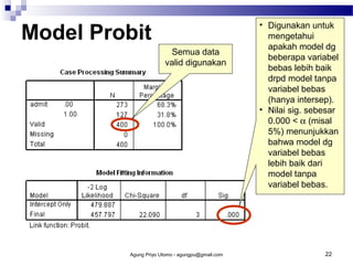 Model Probit
Semua data
valid digunakan

Agung Priyo Utomo - agungpu@gmail.com

• Digunakan untuk
mengetahui
apakah model dg
beberapa variabel
bebas lebih baik
drpd model tanpa
variabel bebas
(hanya intersep).
• Nilai sig. sebesar
0.000 < α (misal
5%) menunjukkan
bahwa model dg
variabel bebas
lebih baik dari
model tanpa
variabel bebas.

22

 