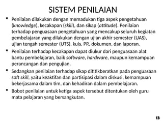 SISTEM PENILAIAN
 Penilaian dilakukan dengan memadukan tiga aspek pengetahuan
(knowledge), kecakapan (skill), dan sikap (attitude). Penilaian
terhadap penguasaan pengetahuan yang mencakup seluruh kegiatan
pembelajaran yang dilakukan dengan ujian akhir semester (UAS),
ujian tengah semester (UTS), kuis, PR, dokumen, dan laporan.
 Penilaian terhadap kecakapan dapat diukur dari penguasaan alat
bantu pembelajaran, baik software, hardware, maupun kemampuan
perancangan dan pengujian.
 Sedangkan penilaian terhadap sikap dititikberatkan pada penguasaan
soft skill, yaitu keaktifan dan partisipasi dalam diskusi, kemampuan
bekerjasama dalam tim, dan kehadiran dalam pembelajaran.
 Bobot penilaian untuk ketiga aspek tersebut ditentukan oleh guru
mata pelajaran yang bersangkutan.
13
13
 