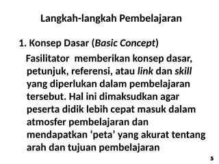 Langkah-langkah Pembelajaran
1. Konsep Dasar (Basic Concept)
Fasilitator memberikan konsep dasar,
petunjuk, referensi, atau link dan skill
yang diperlukan dalam pembelajaran
tersebut. Hal ini dimaksudkan agar
peserta didik lebih cepat masuk dalam
atmosfer pembelajaran dan
mendapatkan ‘peta’ yang akurat tentang
arah dan tujuan pembelajaran
5
5
 