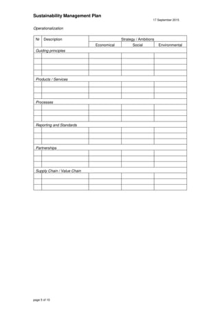 Sustainability Management Plan
17 September 2015
page 5 of 10
Operationalization
Nr Description Strategy / Ambitions
Economical Social Environmental
Guiding principles
Products / Services
Processes
Reporting and Standards
Partnerships
Supply Chain / Value Chain
 