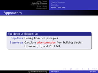 Model Classes
Credit Risk Measures
Model Implementation
Back Testing
Model Control
Types of Measures
Severity
Frequency
Pricing Credit Risk
Approaches
Top-down vs Bottom-up
Top-down Pricing from ﬁrst principles
Bottom-up Calculate price correction from building blocks:
Exposure (EE) and PE, LGD
c 2015 H¨aner Consulting Model Risk 39 / 166
 