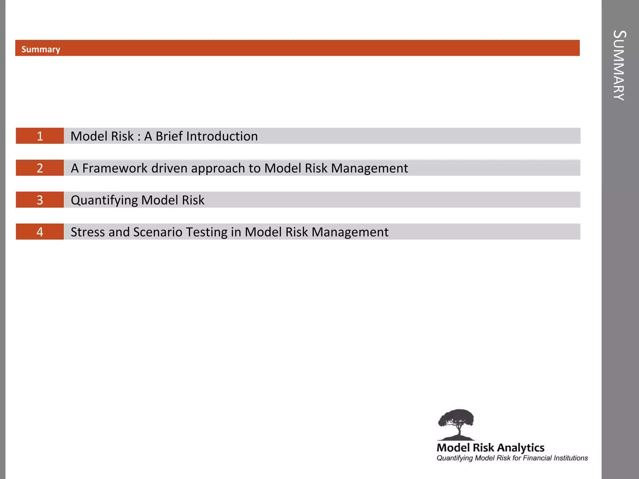 SUMMARY
Model Risk : A Brief Introduction
A Framework driven approach to Model Risk Management
Quantifying Model Risk
Stress and Scenario Testing in Model Risk Management
1
2
3
4
Summary
 