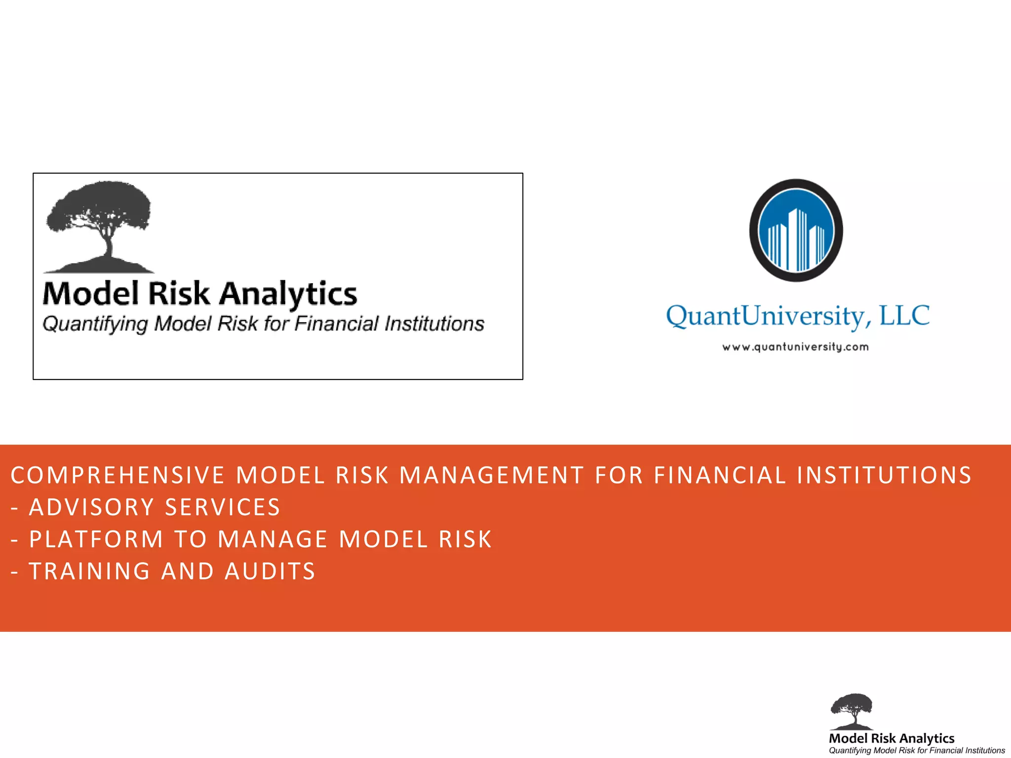 COMPREHENSIVE MODEL RISK MANAGEMENT FOR FINANCIAL INSTITUTIONS
- ADVISORY SERVICES
- PLATFORM TO MANAGE MODEL RISK
- TRAINING AND AUDITS
 