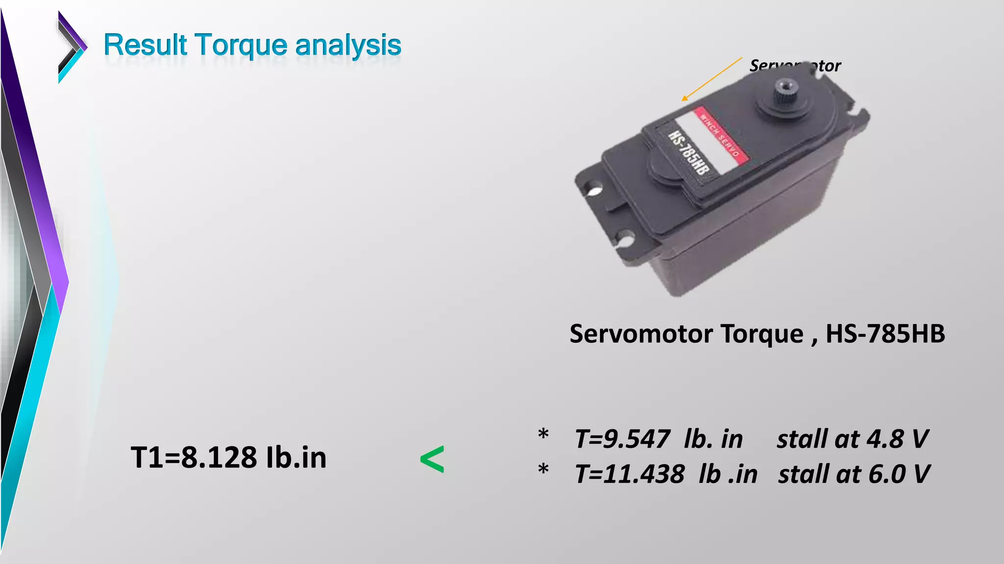 Servomotor
Servomotor Torque , HS-785HB
* T=9.547 lb. in stall at 4.8 V
* T=11.438 lb .in stall at 6.0 V
T1=8.128 Ib.in <
Result Torque analysis
