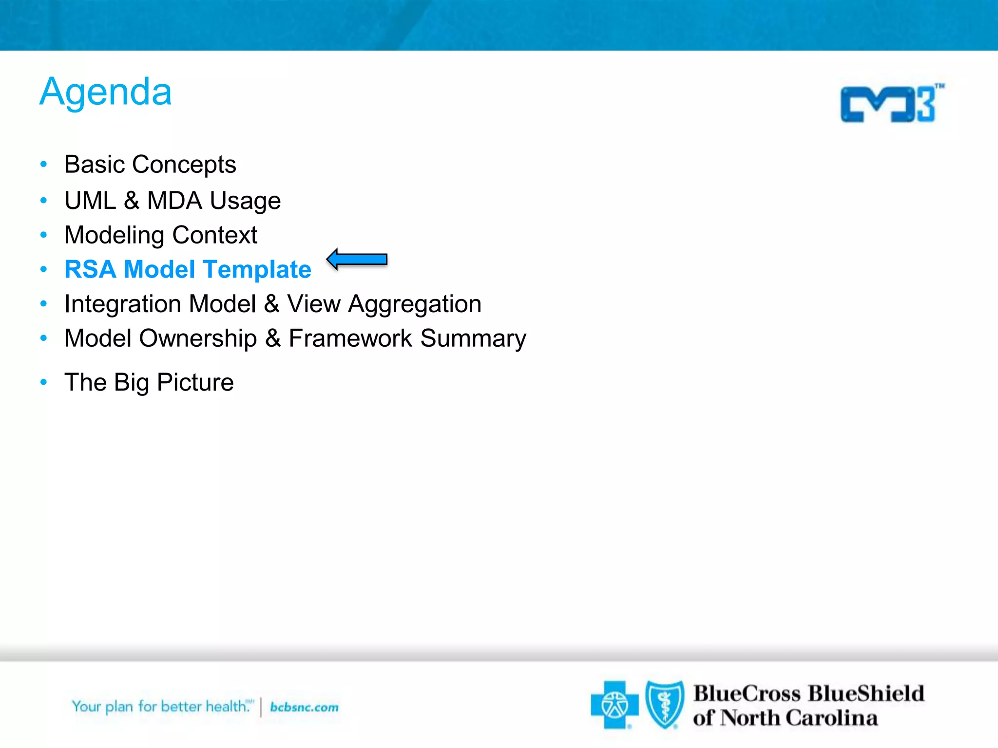 Agenda
•   Basic Concepts
•   UML & MDA Usage
•   Modeling Context
•   RSA Model Template
•   Integration Model & View Aggregation
•   Model Ownership & Framework Summary
• The Big Picture




                                           23
 