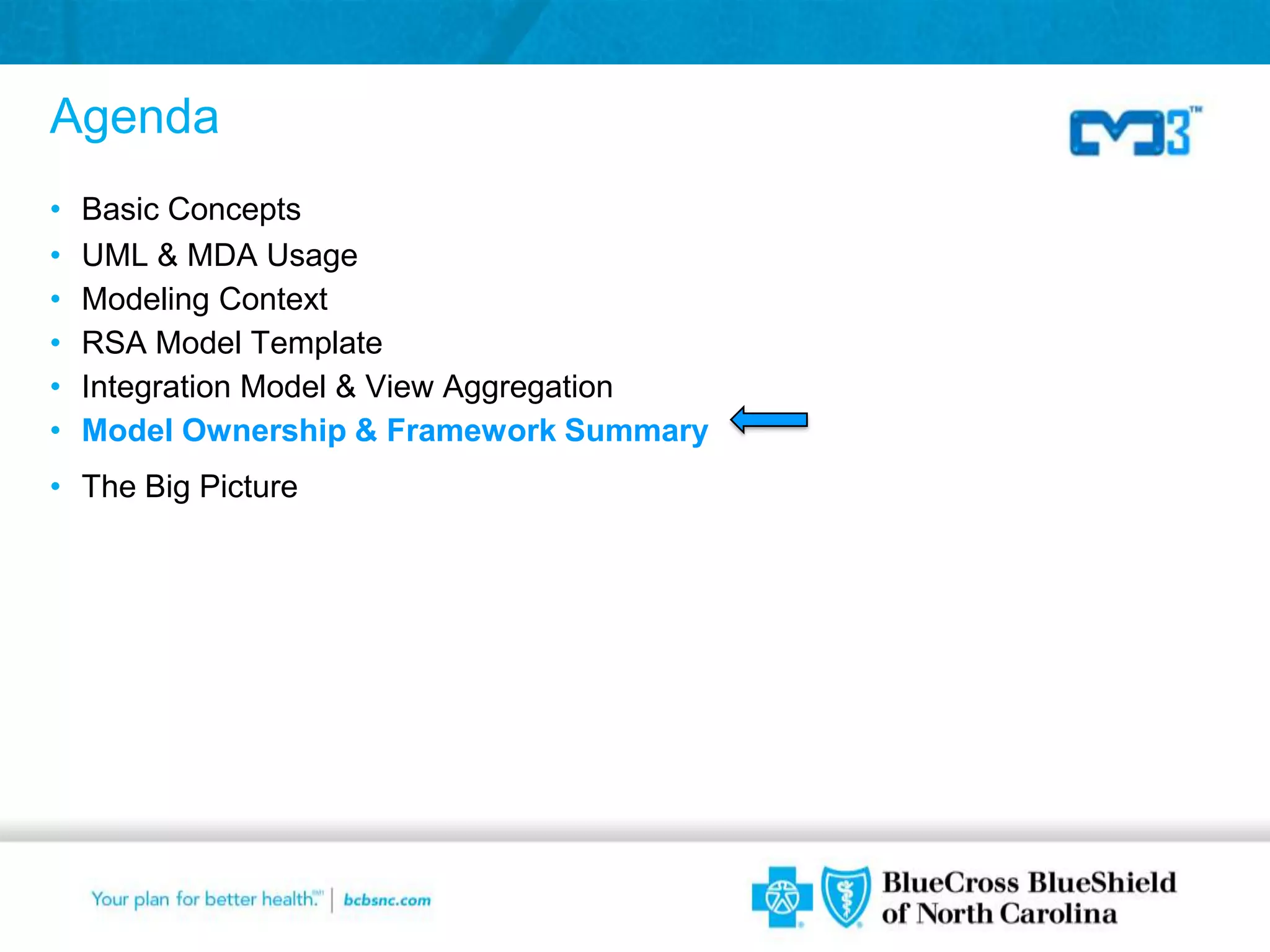 Agenda
•   Basic Concepts
•   UML & MDA Usage
•   Modeling Context
•   RSA Model Template
•   Integration Model & View Aggregation
•   Model Ownership & Framework Summary
• The Big Picture




                                           32
 
