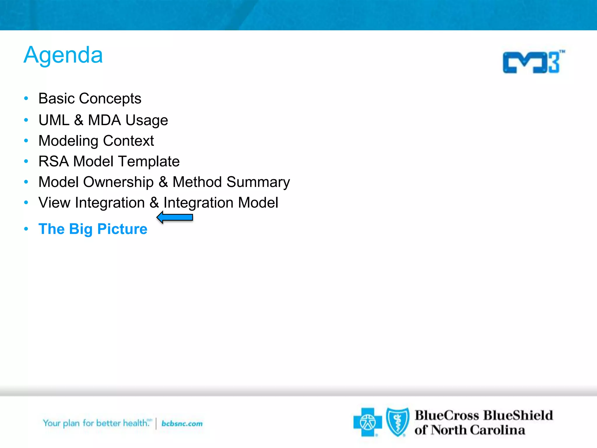 Agenda
•   Basic Concepts
•   UML & MDA Usage
•   Modeling Context
•   RSA Model Template
•   Model Ownership & Method Summary
•   View Integration & Integration Model
• The Big Picture




                                           35
 