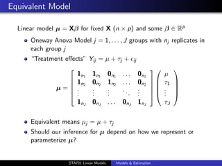 Equivalent Model

  Linear model µ = Xβ for ﬁxed X (n × p) and some β ∈ Rp
      Oneway Anova Model j = 1, . . . , J groups with nj replicates in
      each group j
      “Treatment eﬀects”      Yij = µ + τj +               ij
                                                                             
                     1n1        1n1        0n1      ...         0n1        µ
                   1n          0n2        1n2      ...         0n2      τ1   
                   2
              µ= .
                                                                              
                                .          .        ..          .          .
                   .           .          .                    .          .
                                                                              
                     .          .          .           .        .        .    
                        1nJ     0nJ        ...      0nJ         1nJ        τJ

      Equivalent means µj = µ + τj
      Should our inference for µ depend on how we represent or
      parameterize µ?
                                                                                    duke.eps


                    STA721 Linear Models         Models & Estimation
 