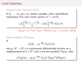 ned 
expectation E[X] 
X1 + . . . + Xn 
n 
a.s. 
! E[X] 
Central Limit Theorem (CLT) 
If X1, . . . ,Xn are i.i.d. random variables, with a well-de 