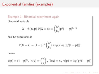 Exemple 1: Binomial sample 
Case # 1: Observation of i.i.d. Bernoulli variables 
xi  B(p) 
with unknown parameter p (e.g., opinion poll) 
Case # 2: Observation of independent Bernoulli variables 
xi  B(pi) 
with unknown and dierent parameters pi (e.g., opinion poll, 
u 
epidemics) 
Transform of i.i.d. u1, . . . , un: 
xi = I(ui 6 pi) 
 