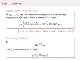 ned 
expectation E[X] 
X1 + . . . + Xn 
n 
a.s. 
! E[X] 
[proof: see Terry Tao's What's new, 18 June 2008] 
 