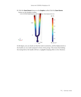 Solved with COMSOL Multiphysics 5.0
9 | TU N I N G F O R K
5 Click the Zoom Extents button on the Graphics toolbar.Click the Zoom Extents
button on the Graphics toolbar.
In this figure, you can clearly see that the mode is symmetric, and the displacements at
the handle are very small compared to those of the prongs. This means that holding
the tuning fork at the handle will have a negligible damping effect on the vibrations.
 
