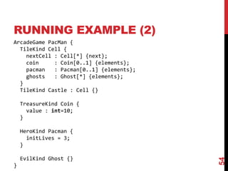 RUNNING EXAMPLE (2)
54
ArcadeGame PacMan {
TileKind Cell {
nextCell : Cell[*] {next};
coin : Coin[0..1] {elements};
pacman : Pacman[0..1] {elements};
ghosts : Ghost[*] {elements};
}
TileKind Castle : Cell {}
TreasureKind Coin {
value : int=10;
}
HeroKind Pacman {
initLives = 3;
}
EvilKind Ghost {}
}
 