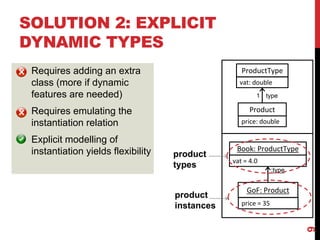 SOLUTION 2: EXPLICIT
DYNAMIC TYPES
9
Requires adding an extra
class (more if dynamic
features are needed)
Requires emulating the
instantiation relation
Explicit modelling of
instantiation yields flexibility
ProductType
vat: double
Product
price: double
type1
Book: ProductType
vat = 4.0
:type
GoF: Product
price = 35
product
types
product
instances
 