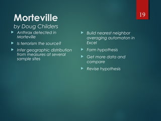 Morteville
by Doug Childers
 Anthrax detected in
Morteville
 Is terrorism the source?
 Infer geographic distribution
from measures at several
sample sites
 Build nearest neighbor
averaging automaton in
Excel
 Form hypothesis
 Get more data and
compare
 Revise hypothesis
19
 