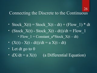 26
Connecting the Discrete to the Continuous
• Stock_X(t) = Stock_X(t - dt) + (Flow_1) * dt
• (Stock_X(t) - Stock_X(t - dt))/dt = Flow_1
• Flow_1 = Constant_a*Stock_X(t – dt)
• (X(t) - X(t - dt))/dt = a X(t - dt)
• Let dt go to 0
• dX/dt = a X(t) (a Differential Equation)
 