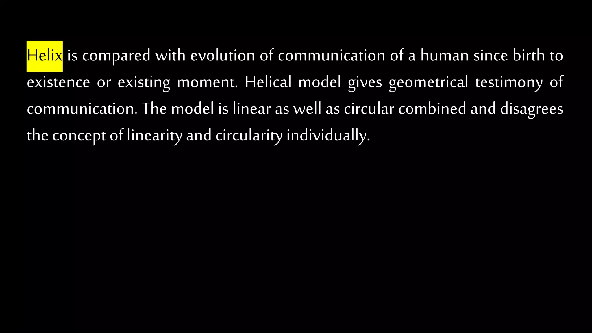 Helix is compared with evolution of communication of a human since birth to
existence or existing moment. Helical model gives geometrical testimony of
communication. The model is linear as well as circular combined and disagrees
the conceptoflinearityandcircularityindividually.
 