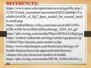 REFERENCES;
https://www.open.edu/openlearn/ocw/pluginfile.php/1
223815/mod_oucontent/oucontent/62622/da4ddc15/a
c0d8e1b/s826_ol_fig7_bpse_model_for_mental_healt
h.small.png
https://onlinelibrary.wiley.com/cms/asset/a9411043-
620b-4308-9e1d-f06d1603ec64/anp_1029_fu1.gif
https://pbs.twimg.com/media/DfuevOOX4AAStgI.jpg
https://embed.widencdn.net/img/veritas/cgcqmeax1g/
1200x675px/chronic-pain-model.webp
https://www.intechopen.com/books/psychology-of-
health-biopsychosocial-approach/introductory-
chapter-bio-psychosocial-model-of-health
https://pbs.twimg.com/media/DfCM_6sWAAIcNCc.j
pg
 
