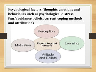 Psychological factors (thoughts emotions and
behaviours such as psychological distress,
fear/avoidance beliefs, current coping methods
and attribution)
 