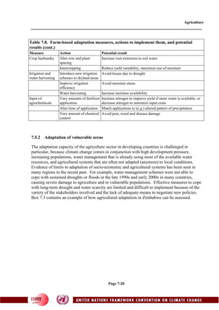 Agriculture
Page 7-20
Table 7.8. Farm-based adaptation measures, actions to implement them, and potential
results (cont.)
Measure Action Potential result
Crop husbandry Alter row and plant
spacing
Increase root extension to soil water
Intercropping Reduce yield variability, maximize use of moisture
Irrigation and
water harvesting
Introduce new irrigation
schemes to dryland areas
Avoid losses due to drought
Improve irrigation
efficiency
Avoid moisture stress
Water harvesting Increase moisture availability
Input of
agrochemicals
Vary amounts of fertilizer
application
Increase nitrogen to improve yield if more water is available; or
decrease nitrogen to minimize input costs
Alter time of application Match applications to (e.g.) altered pattern of precipitation
Vary amount of chemical
control
Avoid pest, weed and disease damage
7.5.2 Adaptation of vulnerable areas
The adaptation capacity of the agriculture sector in developing countries is challenged in
particular, because climate change comes in conjunction with high development pressure,
increasing populations, water management that is already using most of the available water
resources, and agricultural systems that are often not adapted (anymore) to local conditions.
Evidence of limits to adaptation of socio-economic and agricultural systems has been seen in
many regions in the recent past. For example, water management schemes were not able to
cope with sustained droughts or floods in the late 1990s and early 2000s in many countries,
causing severe damage to agriculture and to vulnerable populations. Effective measures to cope
with long-term drought and water scarcity are limited and difficult to implement because of the
variety of the stakeholders involved and the lack of adequate means to negotiate new policies.
Box 7.3 contains an example of how agricultural adaptation in Zimbabwe can be assessed.
 