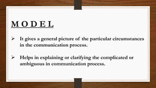 M O D E L
 It gives a general picture of the particular circumstances
in the communication process.
 Helps in explaining or clarifying the complicated or
ambiguous in communication process.
 