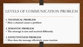 LEVELS OF COMMUNICATION PROBLEM
1. TECHNICAL PROBLEM
• How a channel causes a problem
2. SEMANTIC PROBLEM
• The message is sent and received differently
3. EFFECTIVENESS PROBLEM
• How does the message effectively cause reaction
 