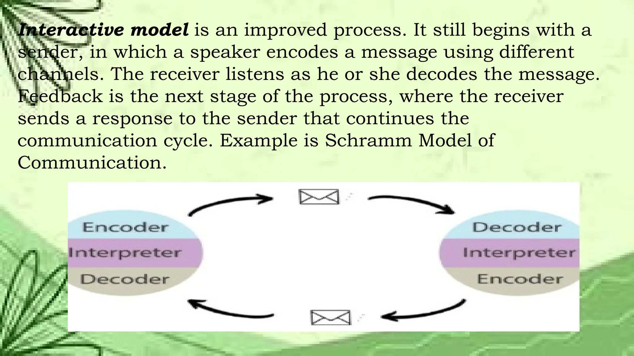 Interactive model is an improved process. It still begins with a
sender, in which a speaker encodes a message using different
channels. The receiver listens as he or she decodes the message.
Feedback is the next stage of the process, where the receiver
sends a response to the sender that continues the
communication cycle. Example is Schramm Model of
Communication.
 
