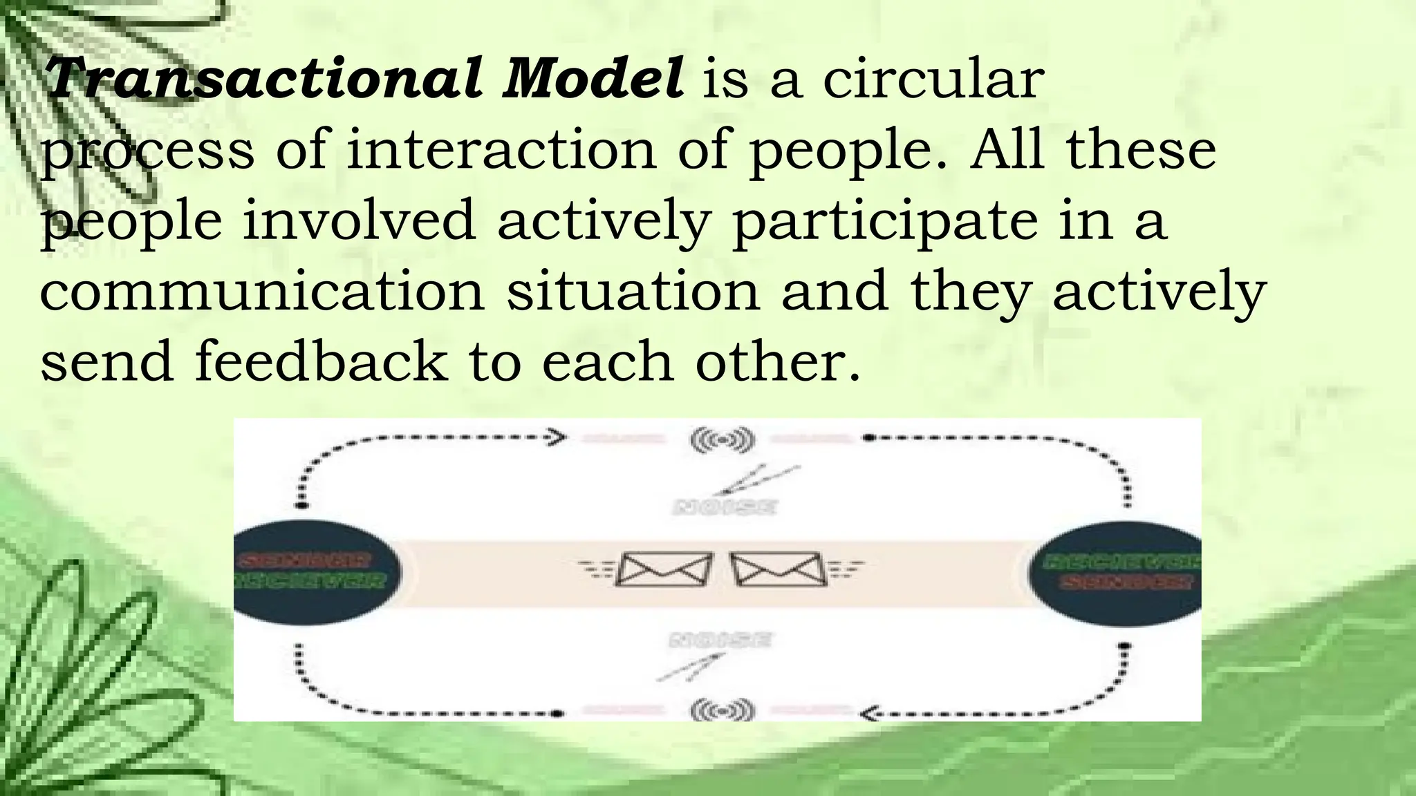 Transactional Model is a circular
process of interaction of people. All these
people involved actively participate in a
communication situation and they actively
send feedback to each other.
 