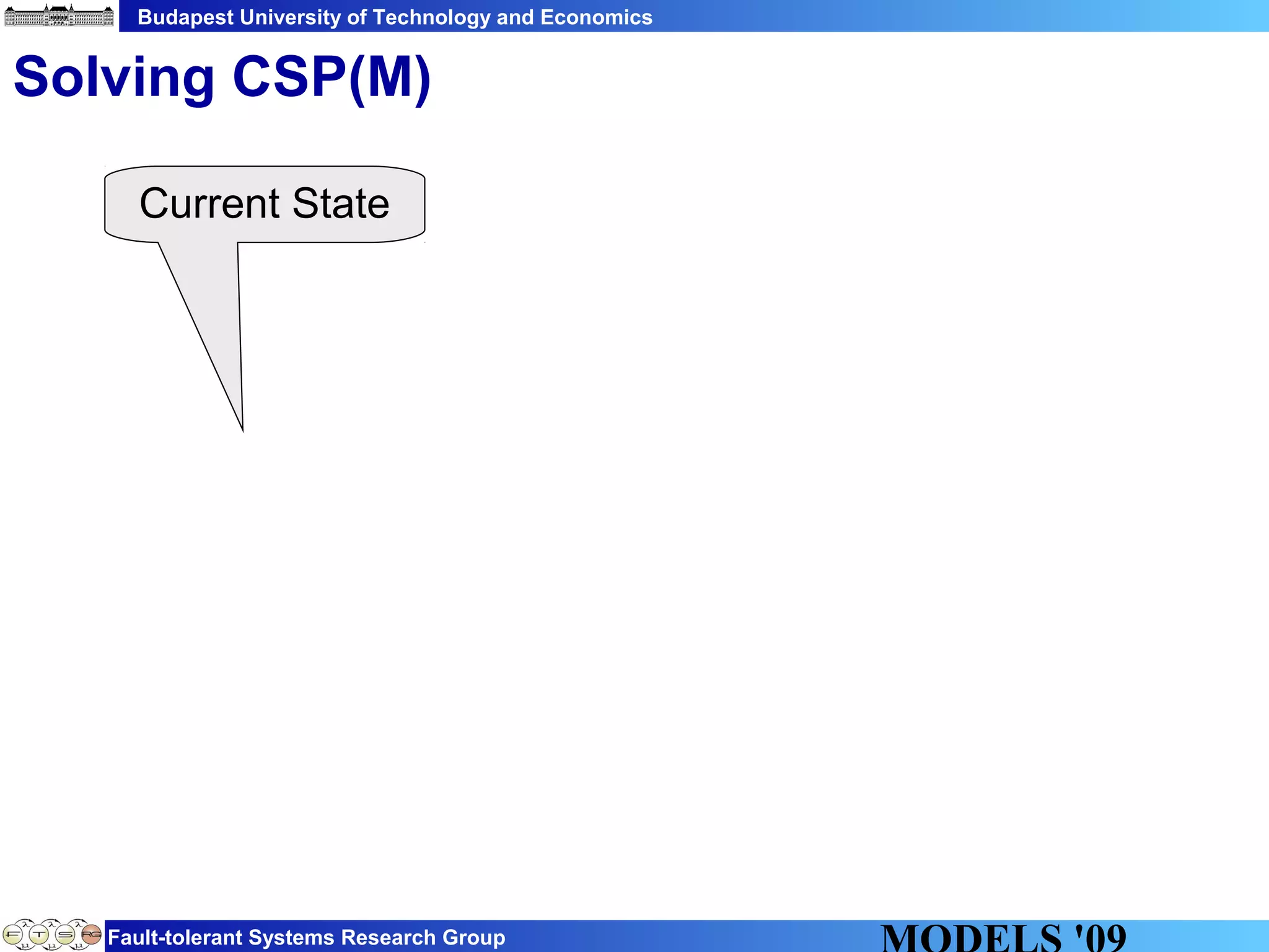Budapest University of Technology and Economics
Fault-tolerant Systems Research Group
Solving CSP(M)
Current State
 
