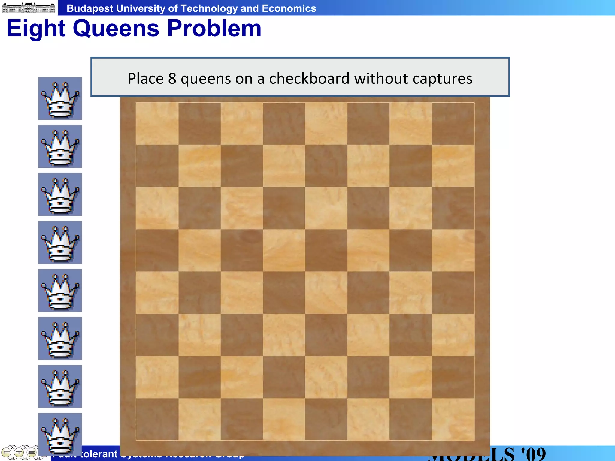 Budapest University of Technology and Economics
Fault-tolerant Systems Research Group
Eight Queens Problem
Place 8 queens on a checkboard without captures
 