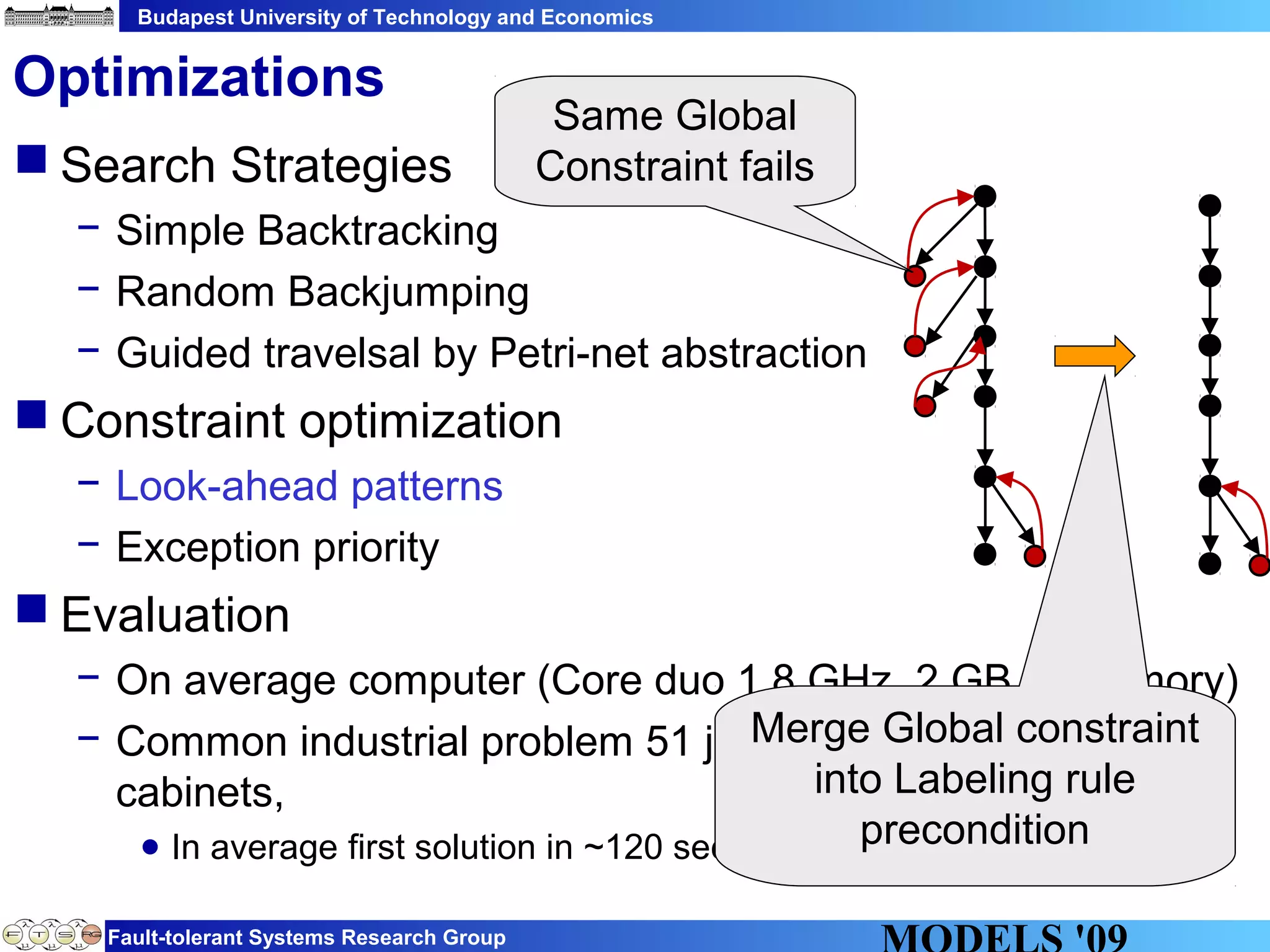 Budapest University of Technology and Economics
Fault-tolerant Systems Research Group
 Search Strategies
− Simple Backtracking
− Random Backjumping
− Guided travelsal by Petri-net abstraction
 Constraint optimization
− Look-ahead patterns
− Exception priority
 Evaluation
− On average computer (Core duo 1.8 GHz, 2 GB of memory)
− Common industrial problem 51 jobs, 7 partitions and 4
cabinets,
● In average first solution in ~120 sec
Optimizations
Same Global
Constraint fails
Merge Global constraint
into Labeling rule
precondition
 