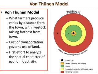 Von Thünen Model
• Von Thünen Model
  – What farmers produce
    varies by distance from
    the town, with livestock
    raising farthest from
    town.
  – Cost of transportation
    governs use of land.
  – First effort to analyze
    the spatial character of
    economic activity.
 