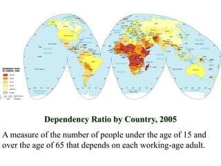 Dependency Ratio by Country, 2005
A measure of the number of people under the age of 15 and
over the age of 65 that depends on each working-age adult.
 