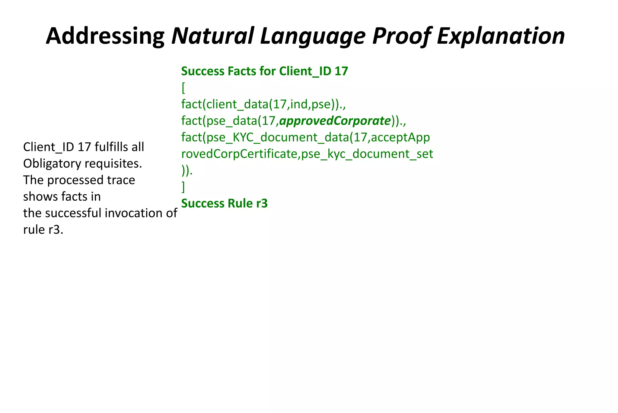 Success Facts for Client_ID 17
[
fact(client_data(17,ind,pse)).,
fact(pse_data(17,approvedCorporate)).,
fact(pse_KYC_document_data(17,acceptApp
rovedCorpCertificate,pse_kyc_document_set
)).
]
Success Rule r3
Client_ID 17 fulfills all
Obligatory requisites.
The processed trace
shows facts in
the successful invocation of
rule r3.
Addressing Natural Language Proof Explanation
 
