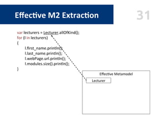 31Eﬀec$ve	M2	Extrac$on	
Eﬀec9ve	Metamodel	
	
	
	
	
	
	
	
	
Lecturer	
var	lecturers	=	Lecturer.allOfKind();	
for	(l	in	lect...