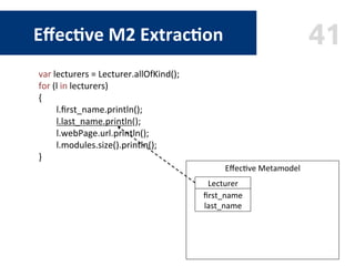 41Eﬀec$ve	M2	Extrac$on
Eﬀec9ve	Metamodel	
	
	
	
	
	
	
	
	
Lecturer	
ﬁrst_name	
last_name	
var	lecturers	=	Lecturer.allOfKi...
