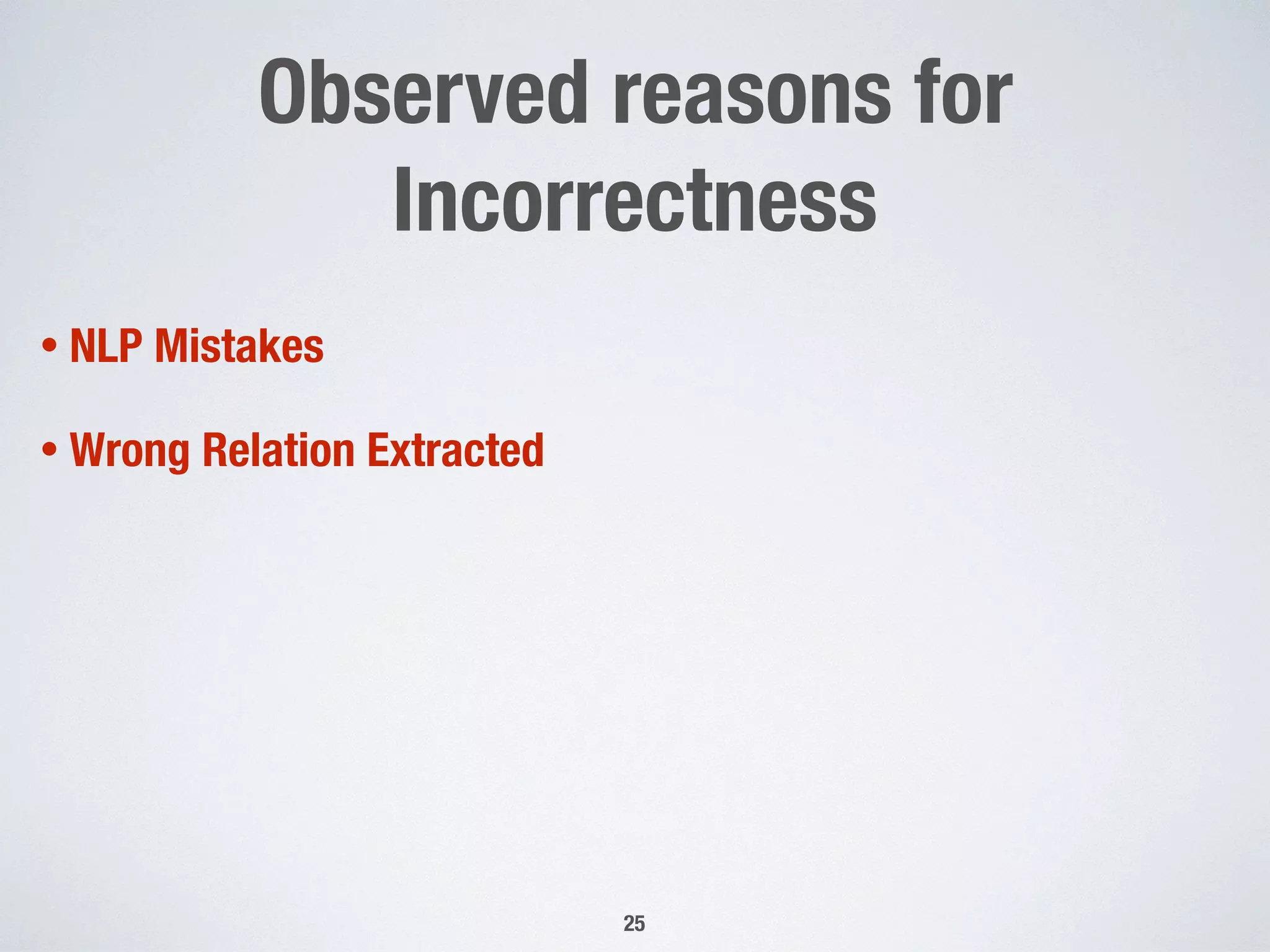 Observed reasons for
Incorrectness
25
• NLP Mistakes
• Wrong Relation Extracted
 