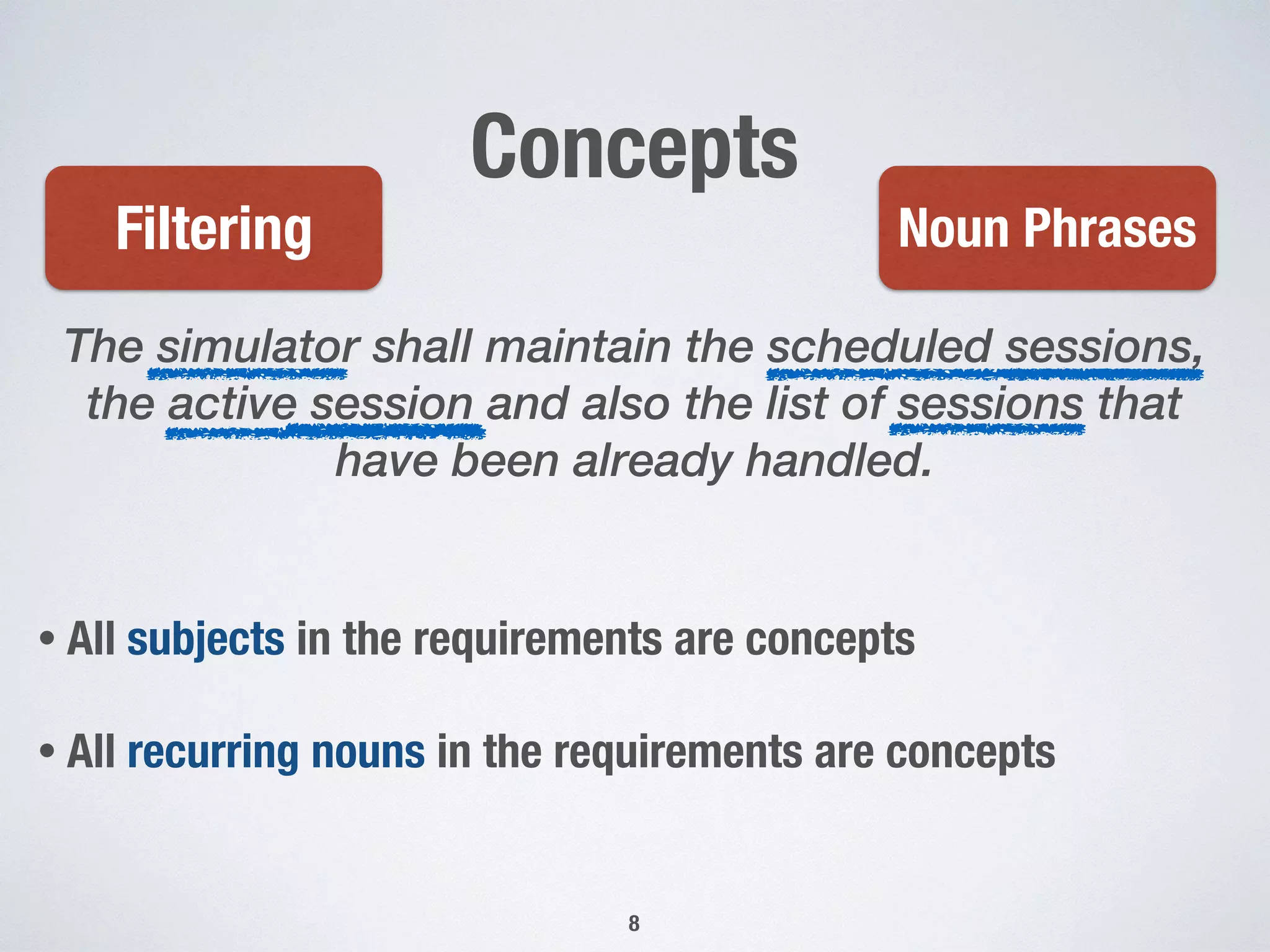 Concepts
The simulator shall maintain the scheduled sessions,
the active session and also the list of sessions that
have been already handled.
8
• All subjects in the requirements are concepts
• All recurring nouns in the requirements are concepts
Noun PhrasesFiltering
 