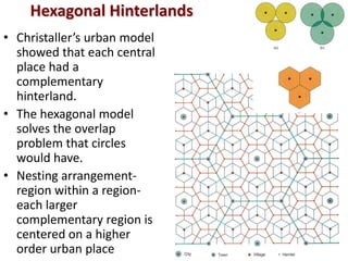 Hexagonal Hinterlands
• Christaller’s urban model
  showed that each central
  place had a
  complementary
  hinterland.
• The hexagonal model
  solves the overlap
  problem that circles
  would have.
• Nesting arrangement-
  region within a region-
  each larger
  complementary region is
  centered on a higher
  order urban place
 