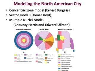 Modeling the North American City
• Concentric zone model (Ernest Burgess)
• Sector model (Homer Hoyt)
• Multiple Nuclei Model
    (Chauncy Harris and Edward Ullman)
 